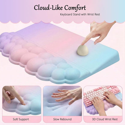 Computer Keyboard Stand Pad with Wrist Rest Colorful Cloud Keyboard Pad Support with Comfortable Rainbow Wrist Pad Cute Ergonomic Tilted Keyboard Riser Holder for Desktop Office Home Pink Purple Blue