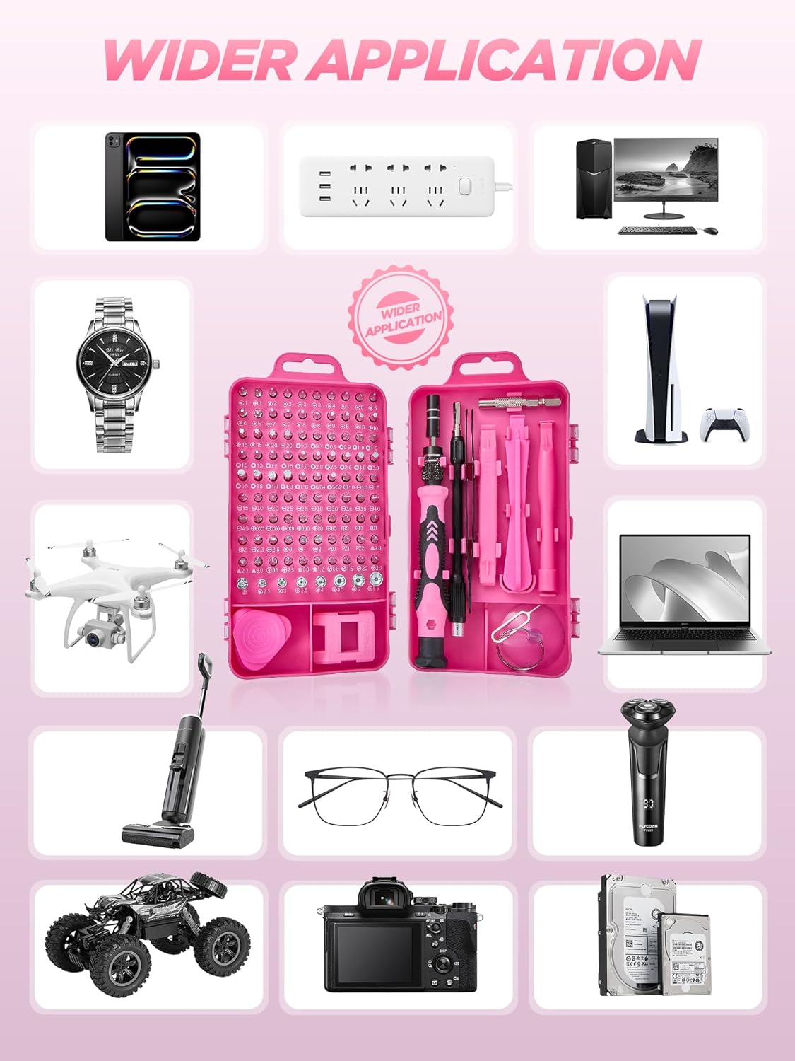 Pink Cordless Drill Set 202 Pcs, 21V Pink Power Drill Tool Set Kit with Storage Bag, Electric Drill Set for Women, Precision Screwdriver set, Magnetic Wristband, for Home DIY Projects