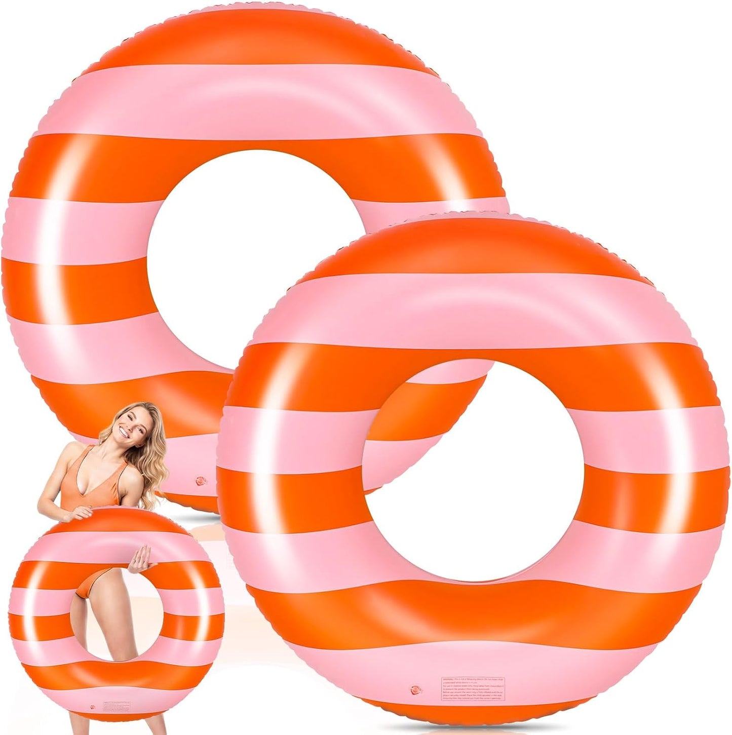 Silipull 2 Pcs Large Adult Float Tube 47.24 Inches Stripe Inflatable Swim Pool Ring Floats Single Sided Pink Orange Stripe Pool Tube Swimming Ring for Adults Beach Bachelorette Summer Wedding