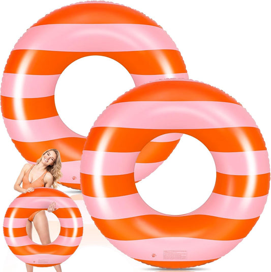 Silipull 2 Pcs Large Adult Float Tube 47.24 Inches Stripe Inflatable Swim Pool Ring Floats Single Sided Pink Orange Stripe Pool Tube Swimming Ring for Adults Beach Bachelorette Summer Wedding