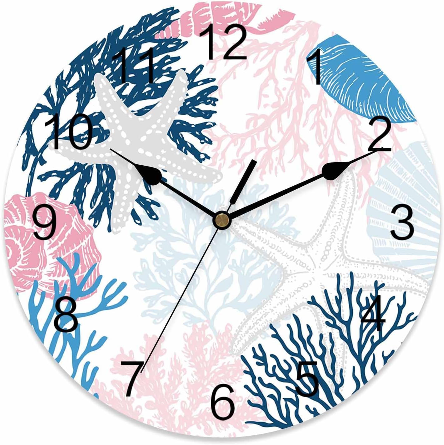 LooPoP Wall Clock Ocean Coral Starfish Clocks PVC Silent Non-Ticking Battery Operated Blue Pink Coastal Shell Conch Round Clock for Home Living Room Kitchen Bedroom Office School Wall Decor 12 Inch