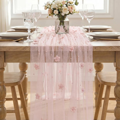 Artoid Mode Pink Flower Pearl Pink Gauze Table Runner 10FT, Seasonal Sheer Dining Holiday Wedding Birthday Baby Shower Table Decor for Home Party