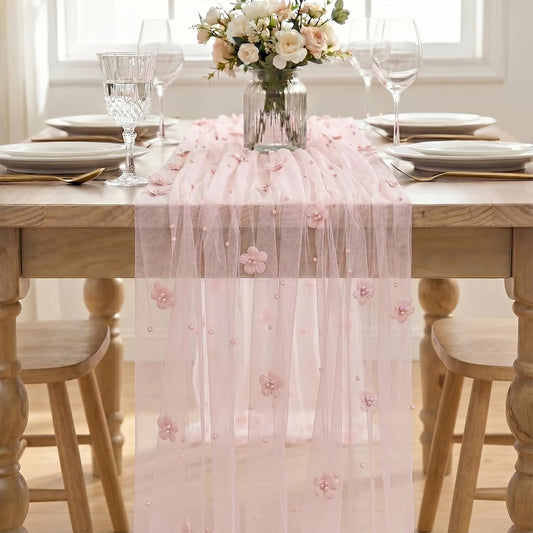 Artoid Mode Pink Flower Pearl Pink Gauze Table Runner 10FT, Seasonal Sheer Dining Holiday Wedding Birthday Baby Shower Table Decor for Home Party