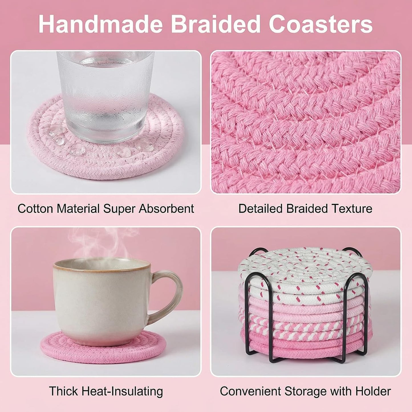 Drink Coasters Set of 8 with Holder – Cotton Woven Absorbent Coasters, 4 Colors for Coffee, Beer, Drinks & Tabletop Protection (Pink)