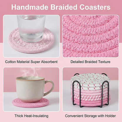 Drink Coasters Set of 8 with Holder – Cotton Woven Absorbent Coasters, 4 Colors for Coffee, Beer, Drinks & Tabletop Protection (Pink)