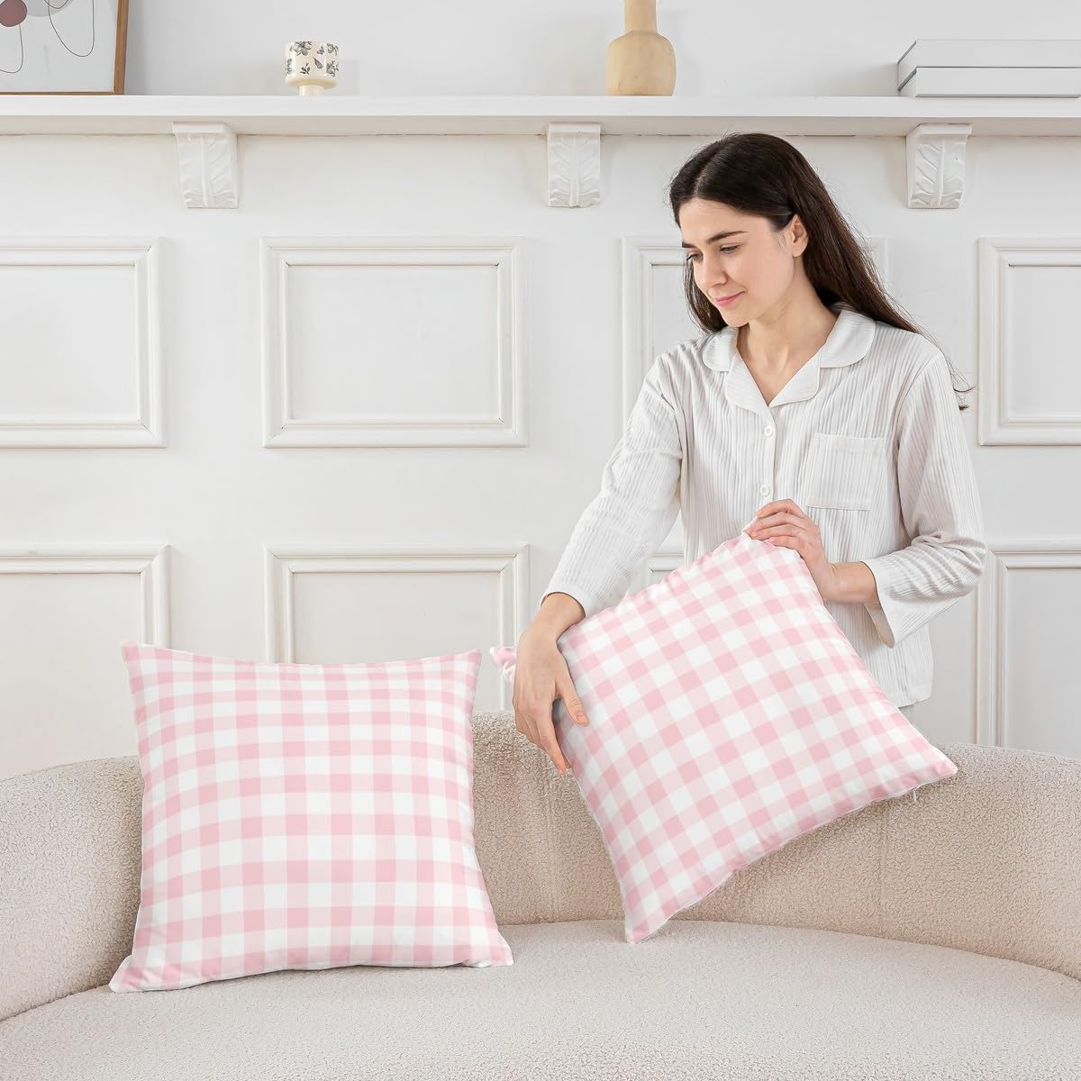 Pink White Throw Pillow Covers 24 x 24-Inch Set of 2 Buffalo Check Cushion Case for Kids Teens Adults Plaid Decor Pillowcase Geometric Modern Art Indoor Outdoor Room Decor Zipper All Season Soft