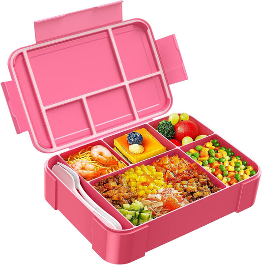 Jelife Kids Bento Box Lunch Box - 1450ml Leakproof 6 Compartments Bento Lunchbox Kids Lunch Boxes with Food Utensils for Back to School, Book-Style Lunch Snack Containers for Toddler Daycare, Pink