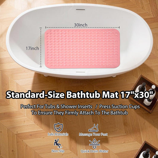 Pink Bathtub Mat Shower Mat Non Slip 17x30 Inch Standard Size, Soft Bubble Bath Tub Mat Shower Mats for Inside Shower Bathroom Floor Mat with Big Suction Cups & Drain Holes, BPA-Free