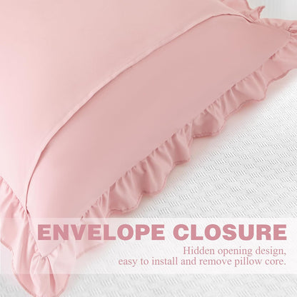 KKJIAF Ruffle Pillow Cases 18x18 Inches, Light Pink Square Ruffled Pillow Covers Set of 2, Microfiber Wrinkle Resistant Pillow Shams with Envelope Closure for Sofa Bed Living Room