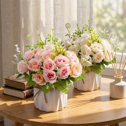 Pink Artificial Roses with Ceramic Vase, No Maintenance Fake Flowers for Table Decor, Realistic Silk Rose Bouquet for Home Office Wedding Gift