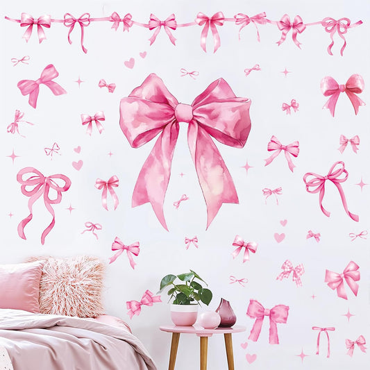 Engrowtic 4 Sheets Pink Bow Wall Decal Sticker Decorations 12 x 35 Inch Bow Wall Stickers Removable Watercolor Decals Decor for Party Bedroom Nursery Door Window Party