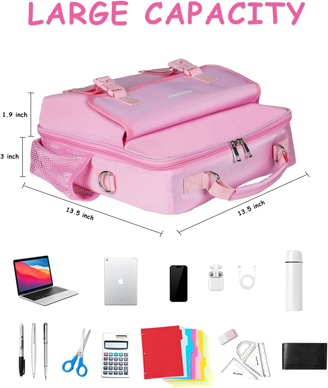 3 Ring Zipper Binder 500-Sheet Zipper Binder Adjustable Shoulder Strap & Handle for 14 Inch Laptop for School and Office (pink)