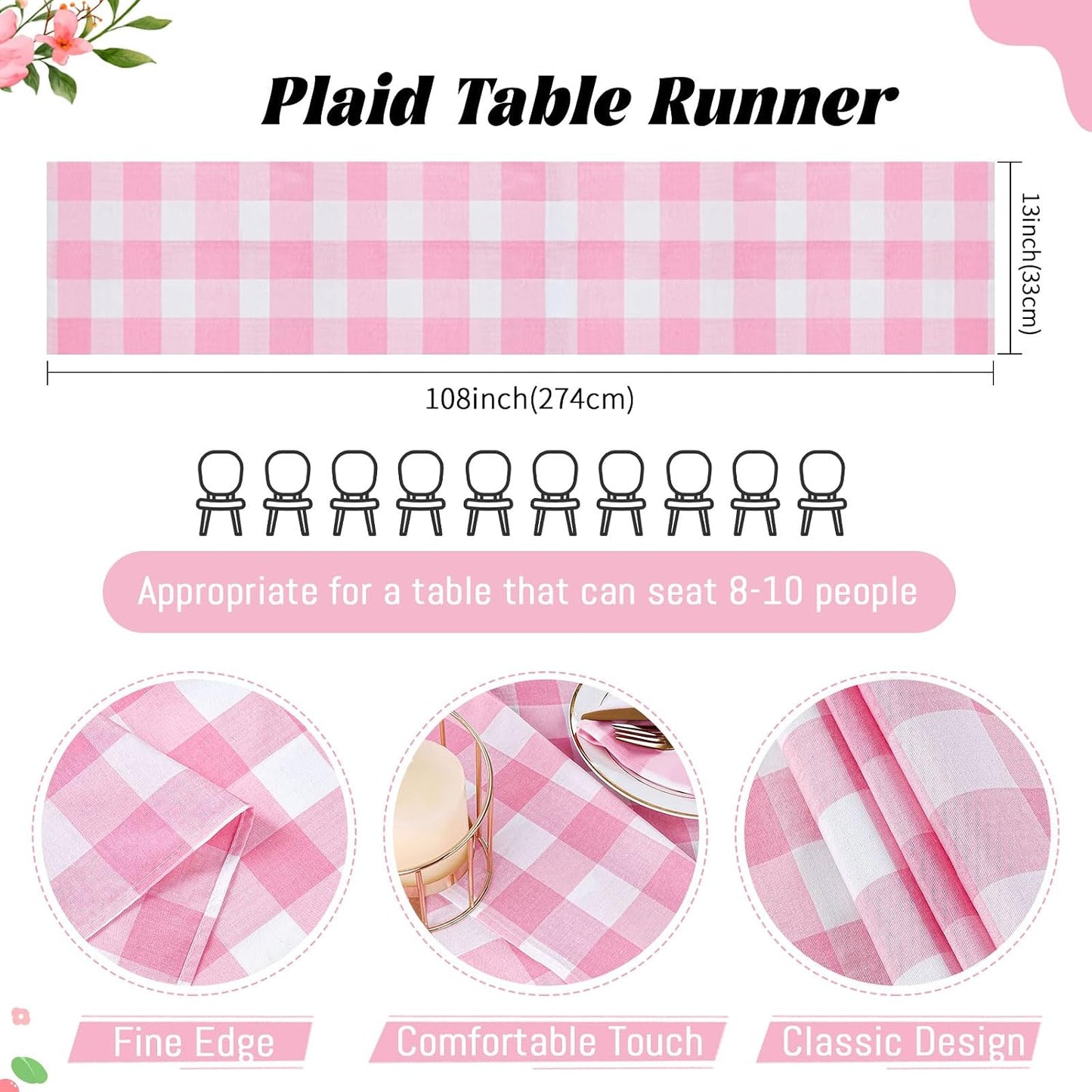 B-COOL Pink Plaid Table Runner Checkered Fabric Cover 13x108 Inch 2 Packs Table Cloths Centerpieces Valentines Party Picnic Decorative Gingham Rectangle Pink and White Checkered Linen Decorations