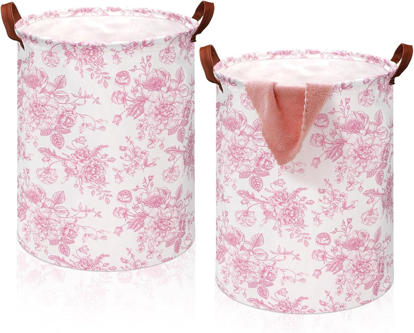 CroBlissful 2 Pcs Pink Floral Laundry Basket Coquette Storage Basket for Girls Nursery Hamper with Handles Foldable Waterproof Collapsible Storage Bin Organizer for College Dorms Bathroom