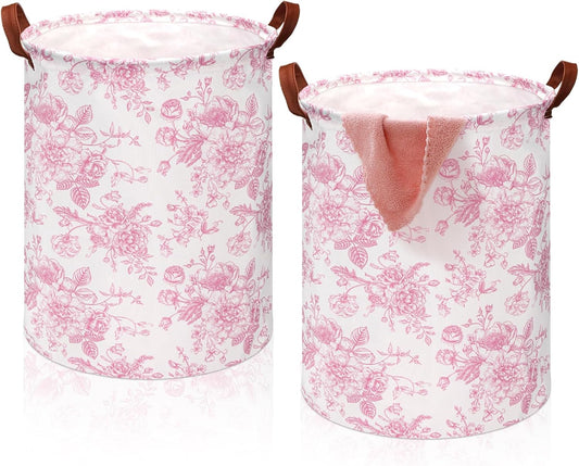 CroBlissful 2 Pcs Pink Floral Laundry Basket Coquette Storage Basket for Girls Nursery Hamper with Handles Foldable Waterproof Collapsible Storage Bin Organizer for College Dorms Bathroom