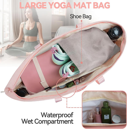 Large Yoga Mat Tote Bag for Women with Holder Strap,Pilates Gym Tote Bag with Shoes Bag & Wet Pocket