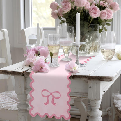 Pink Bow Table Runner 72 Inches Cute Embroidery Scalloped Table Runner Coquette Dining Decor for Wedding Birthday Baby Shower Spring Summer Home Decor