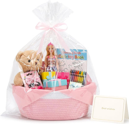 woric Baby Gifts Basket Woven Basket Rope Baskets for Wedding Gifts Empty Baby Shower Toy Storage Girls Birthday Graduation Decor (Pink 12"X 8" X 5" with Gift Bag Card Ribbon Tissue Paper)