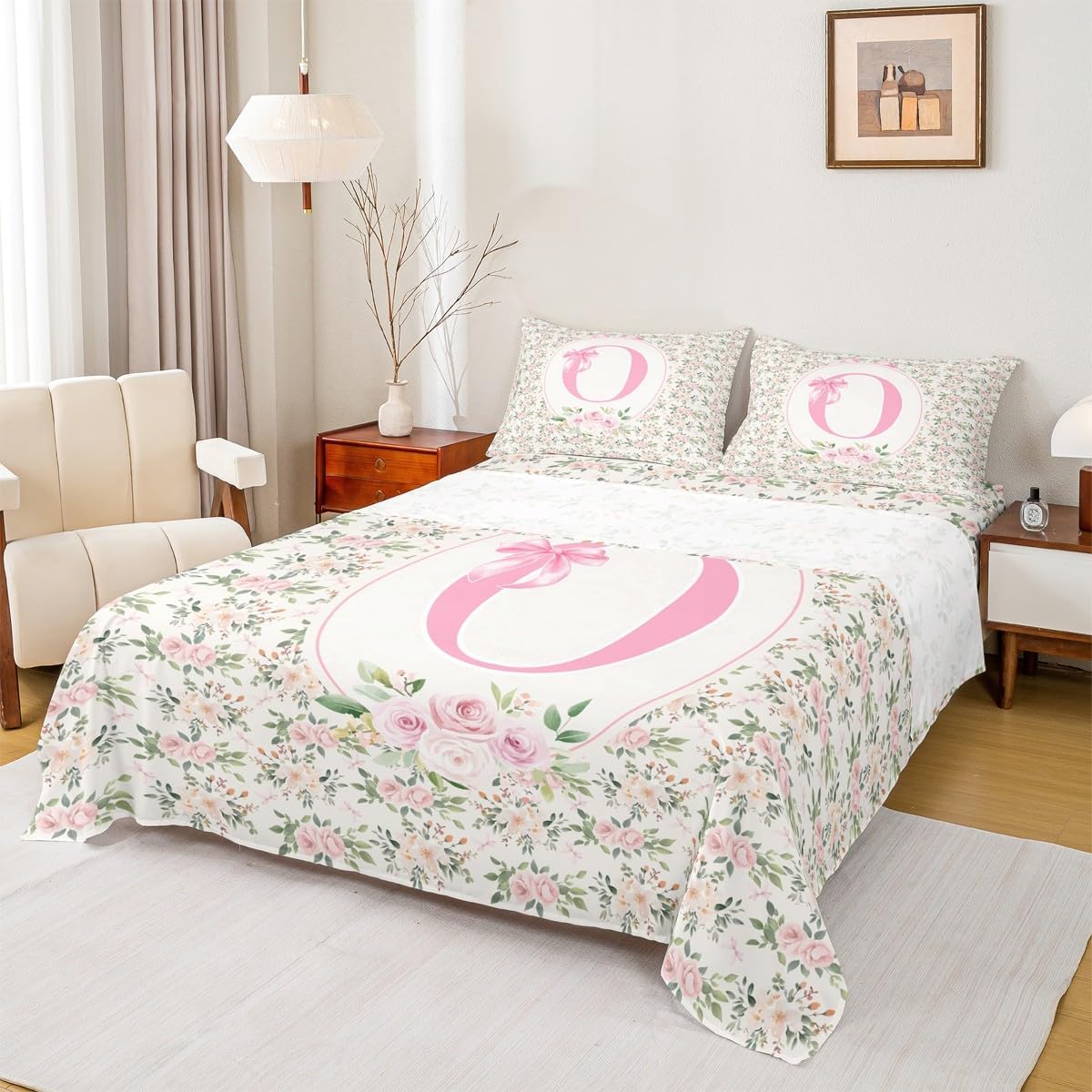 Erosebridal Letter O Bed Sheets Set Twin Peach Blossom Sheet Set Coquette Princess Floral Print Sheets Girly Cute Kawaii Ribbon Bow Rose Flat Fitted Sheet