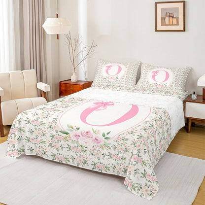 Erosebridal Letter O Bed Sheets Set Twin Peach Blossom Sheet Set Coquette Princess Floral Print Sheets Girly Cute Kawaii Ribbon Bow Rose Flat Fitted Sheet