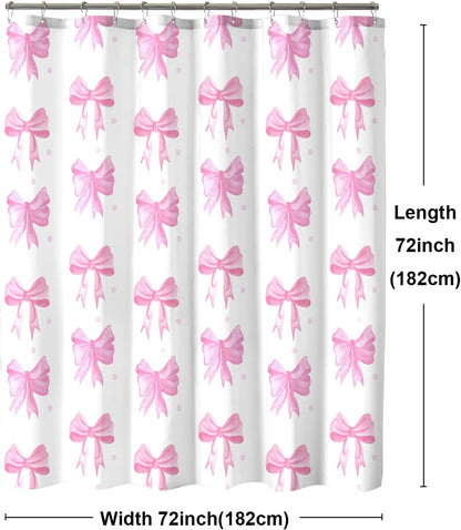Pink Shower Curtain, Cute Bow Kids Girls Girly Fabric Bathroom Curtains Set with Hooks, Waterproof Home Decoration, 72x72 Inch