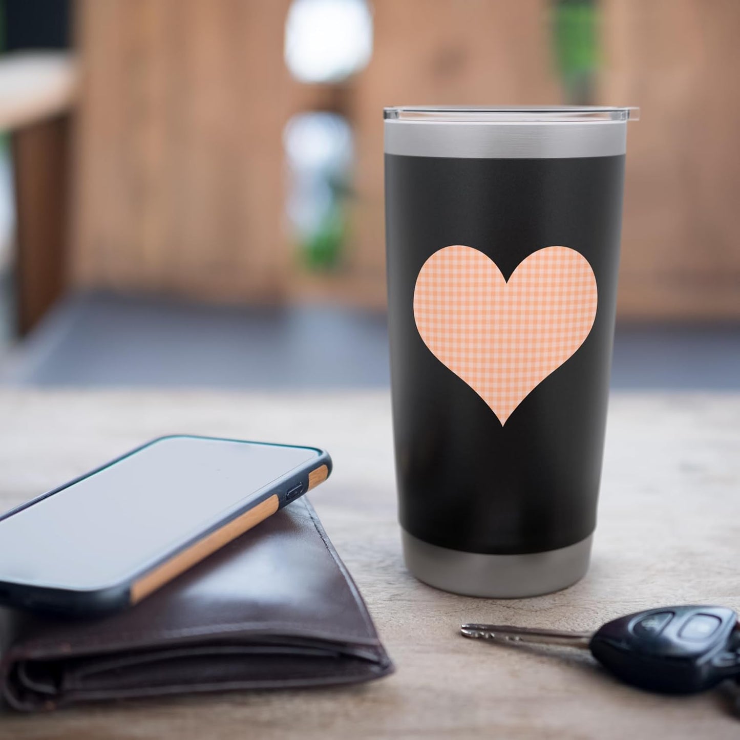 Cute Pastel Coral Peach Plaid Gingham Checkered Pattern Stainless Steel Insulated Tumbler