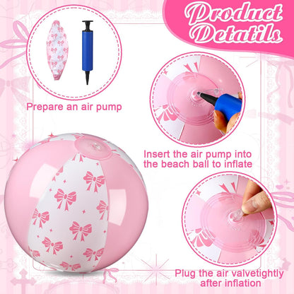 Arrowbash 12 Pcs 9 Inch Pink Bow Inflatable Beach Balls Coquette Cute Pool Floats PVC Balls for Summer Hawaiian Tropical Theme Beach Pool Bachelorette Party Supplies (Pink White)