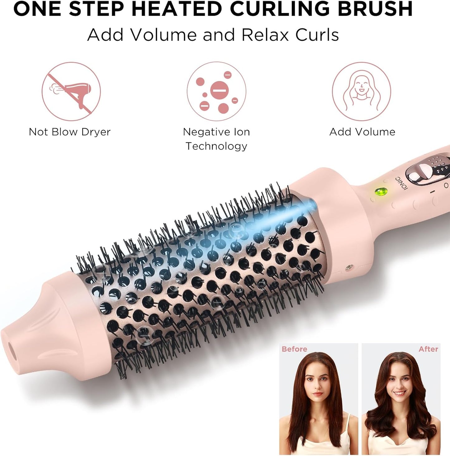 Aima Beauty Hair Curling Iron Brush, 1.5" 40mm Ceramic Hot Brush with Ion Technology for Root Volume and Quick Curls - Dual Voltage & 60Mins Auto-Off, Pink