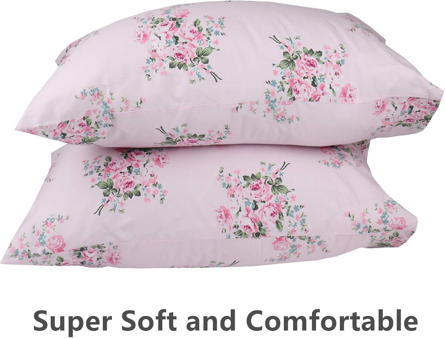 2 Pack Pink Floral Pillowcase Standard Size, 100% Cotton 600 Thread Count Pillow Covers, 20x30 Inches