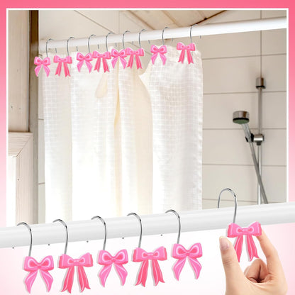 Yungyan 12 Pcs Pink Bow Shower Curtain Hooks Metal Rustproof Curtain Hangers Pink Bow Knot Decorative Stainless Steel Hook Ring for Spring Mother's Day Bathroom Wedding Birthday Preppy Bathroom Decors
