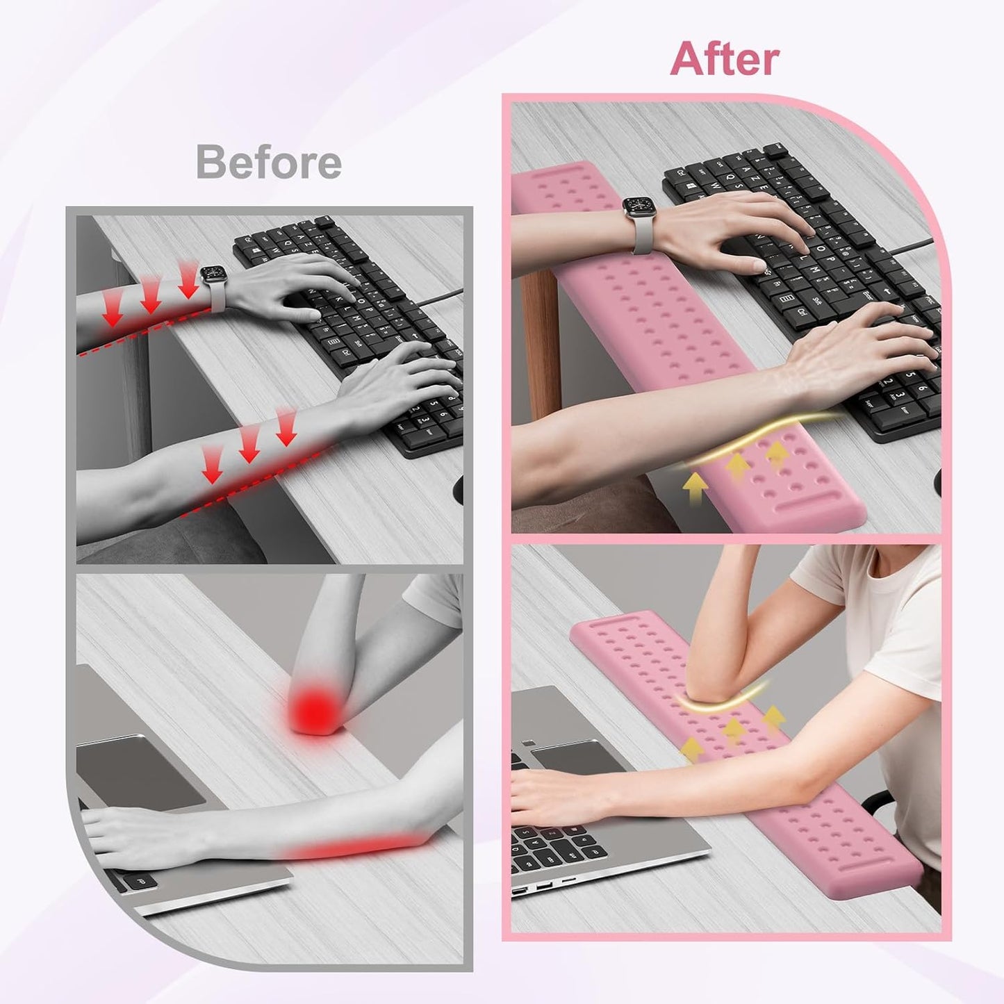 Leolee L-Shaped Desk Long Wrist Rest Elbow 60CM, Light Pink Memory Foam Arm Rest for Desk with Non-Slip Base, Ergonomic Desk Edge Cushion, Wrist Support for Computer Keyboard, Typing, Office, Home