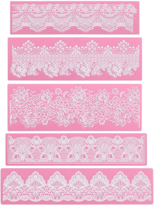 Beasea Lace Molds for Cake Decorating, 5pcs Silicone Fondant Lace Mats Pink Flower Pattern Silicone Molds for sugar lace Craft Tools