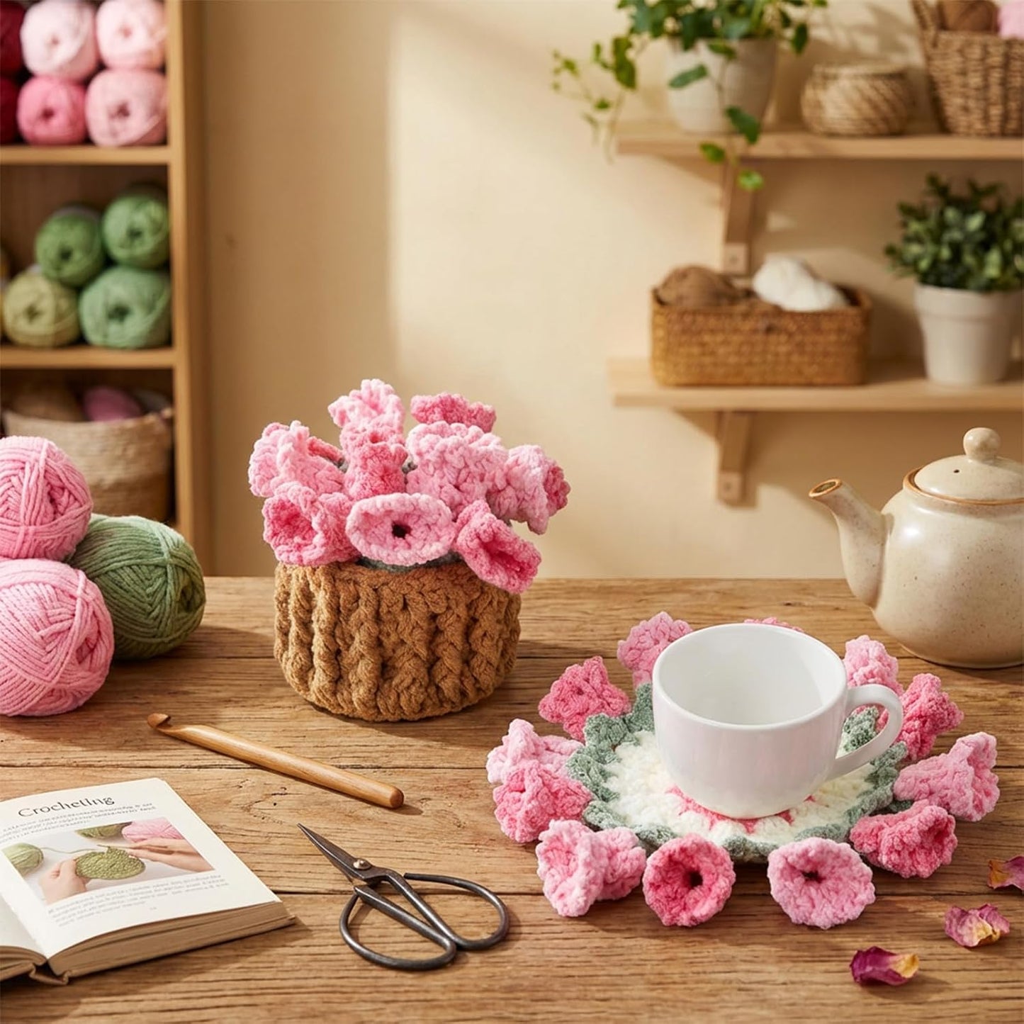 Flower Crochet Coasters Set with Mini Basket, Knitting Pink Rose Potted Plants, Handmade Bouquet Blanket Coaster, Fun Soft Floral Table Decorative for Coffee Table Wedding Gift Housewarming Birthday