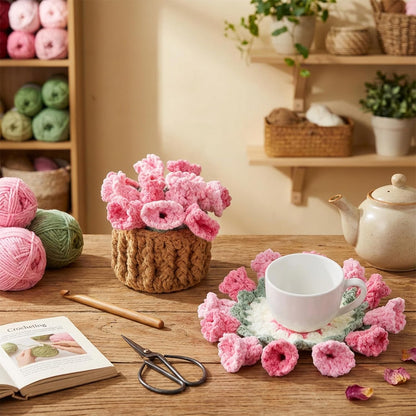 Flower Crochet Coasters Set with Mini Basket, Knitting Pink Rose Potted Plants, Handmade Bouquet Blanket Coaster, Fun Soft Floral Table Decorative for Coffee Table Wedding Gift Housewarming Birthday
