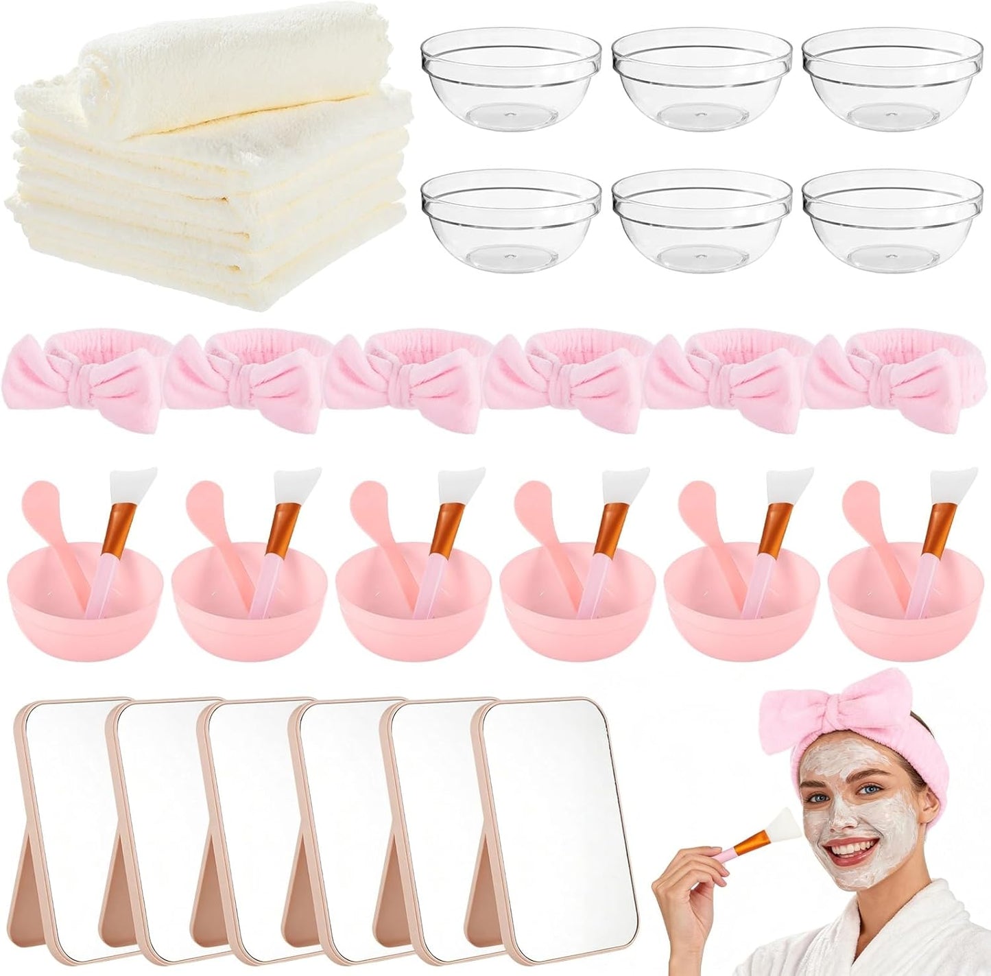 Lnrueg 6 Sets Pink Spa Party Supplies for Women, Facial Mask Bowl with Brush Spatula Headband Towel and Folding Mirror, DIY Spa Kit for Sleepover Bridal Shower Slumber Party Favor