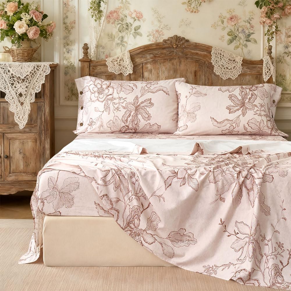 Zusbest King Size Sheets Pink Floral Sheet Set 400TC 100% Cotton Flannel-Like Warm Luxury Bed Sheet Set 4Pcs, Button Closure Double Brushed Extra Soft Breathable Toile Printed Deep Pocket 17‘’