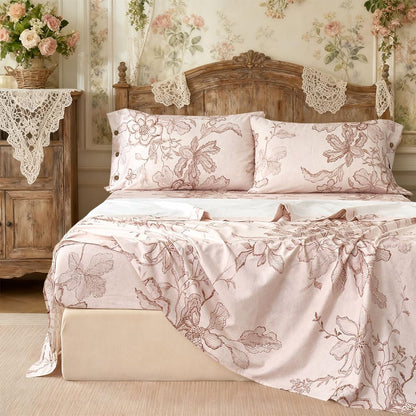 Zusbest King Size Sheets Pink Floral Sheet Set 400TC 100% Cotton Flannel-Like Warm Luxury Bed Sheet Set 4Pcs, Button Closure Double Brushed Extra Soft Breathable Toile Printed Deep Pocket 17‘’
