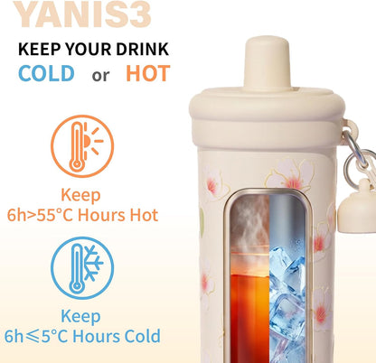 20 oz Thermo Cup with Straw, Thermal Insulated Car Cups with Hand Strap, Stainless Steel Cups with Leak-Proof Lid, Insulated Tumbler Ideal for Office, Travel and Outdoor Use (Peach Blossom)