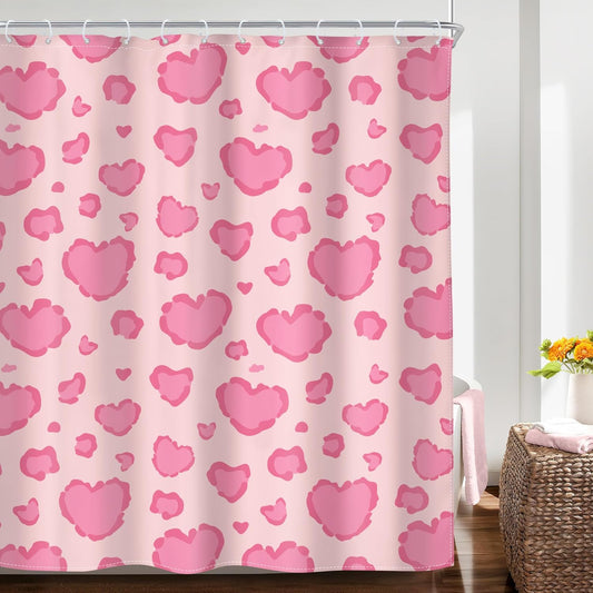 Riyidecor Girly Pink Cheetah Print Shower Curtain Cute Leopard Print Love Heart Lovely Retro Abstract Vintage 60Wx72H Inch Women Decor Bathroom Polyester Waterproof 12 Pack Hooks
