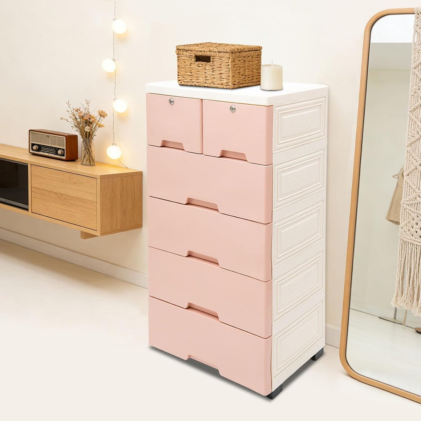 5-Layer 6-Drawer Rolling Storage Cabinet, Pink White PP Dresser with Lock, Modern Organizer, Mobile Clothes Bin with Wheels, Large Capacity, Anti-Slip, Easy Install for Bedroom