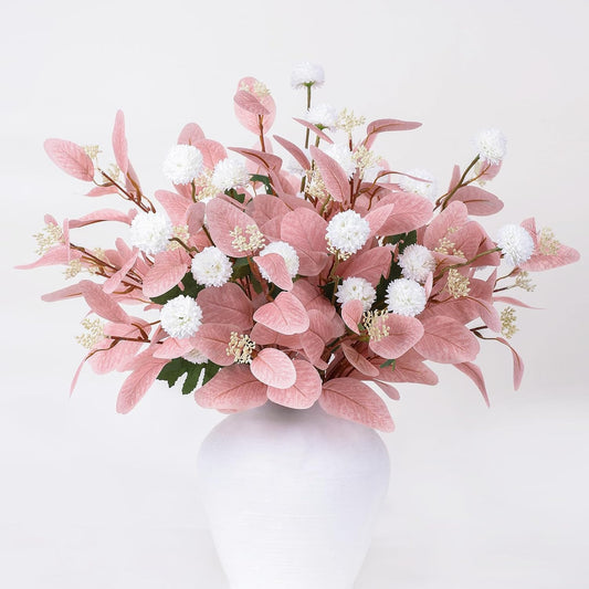 mizii 15Pcs Artificial Flowers for Vase, Pink Eucalyptus Long Stems with White Silk Mums, Fake Floral Arrangement Realistic Faux Flowers Decoration for Table Centerpieces Home Decor Indoor (Pink)