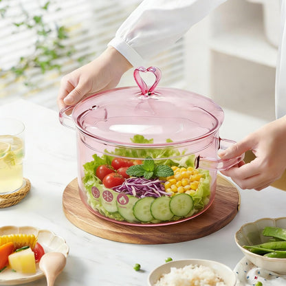 Hoypeyfiy Heart-shaped Glass Cooking Pot, 1900ml Simmering Pot for Stovetop, Oven, and Dishwasher Use, Ideal for Pasta Soups Potpourri (Pink)