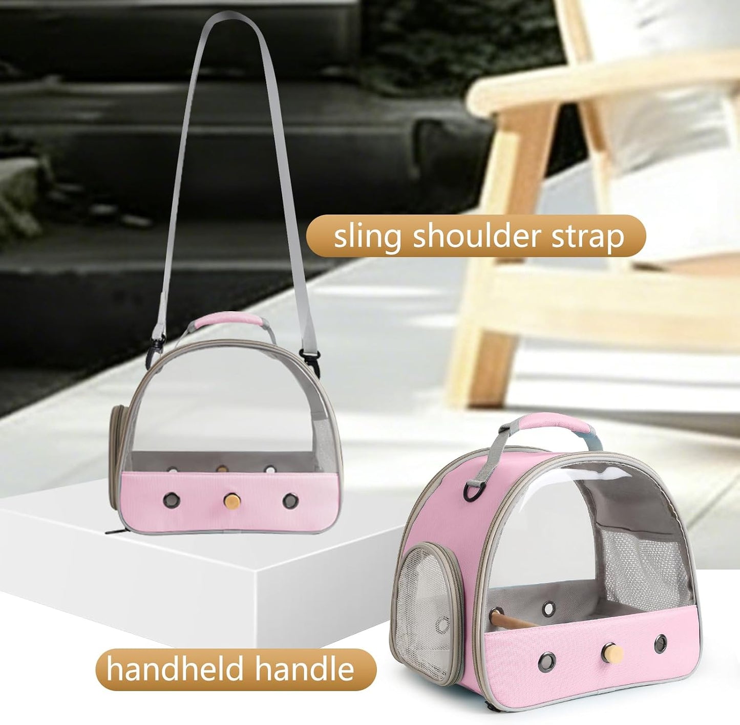 Bird Carrier, Portable Small Bird Parrot Parakeet Carrier with Standing Perch and Stainless Steel Tray, Side Access Window Collapsible (Pink, Clear Windows)