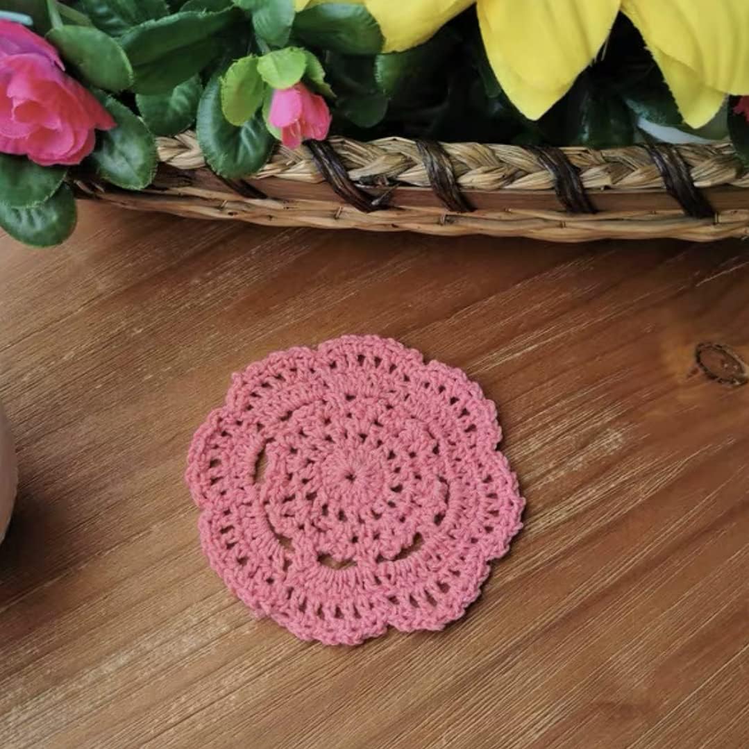 Phantomon Lace Round Crochet Doilies Handmade Coasters, 4-Inch, Pack of 4 (Pink)