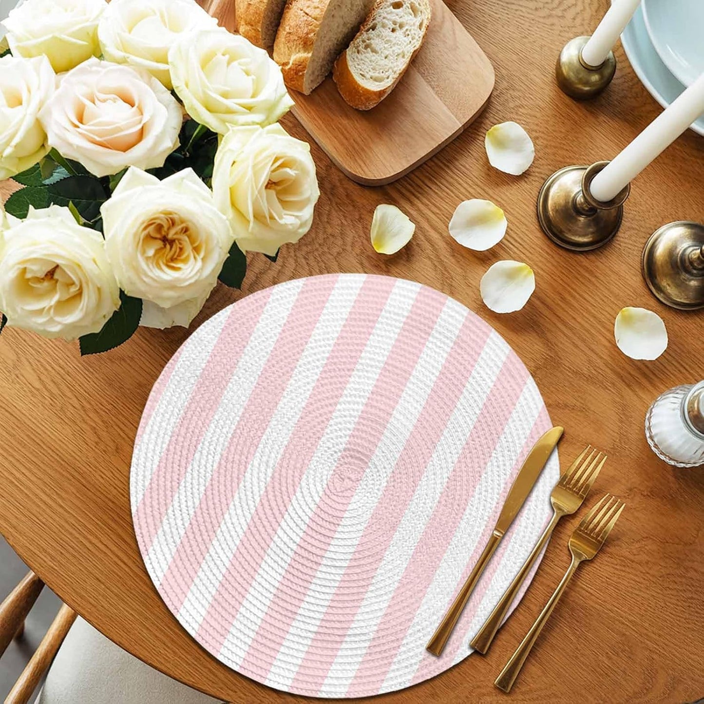 Pink Striped Round Placemats Set of 4 for Dinning Tables,Heat-Proof Braided Table Mats 13 Inch,Modern Farmhouse Pink White Stripes Washable Place Mat for Kitchen Restaurant Party Decor Table Setting