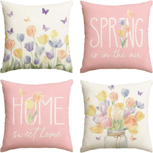 AVOIN colorlife Spring is in The Air Tulip Vase Throw Pillow Covers, 18 x 18 Inch Home Sweet Home Butterfly Pink Cushion Case Decoration for Sofa Couch Set of 4