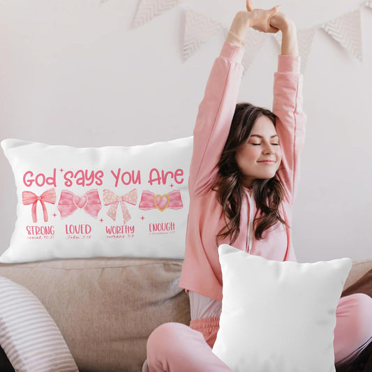 Pink Bow Coquette Christian Pillow Covers 12x20, Pink Coquette Room Decor, Girly Bedroom Decor, God Says You are Affirmation Bible Verse Pillow Covers, Christian Gifts for Women Teen Girls