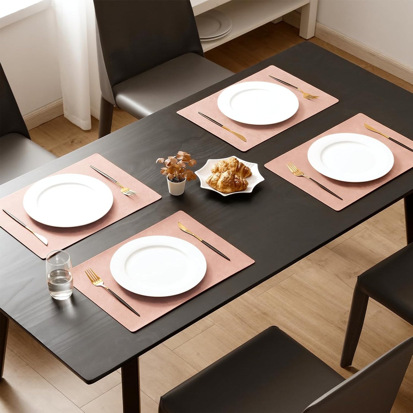 MOSAYT Vinyl Placemats Set of 6-12 X 17 Inch - Faux Leather 100% Waterproof Oil-Proof Wipeable PU Place Mats, Heat Resistant Reversible Table Mats for Kitchen, Dining, Outdoor, Pink