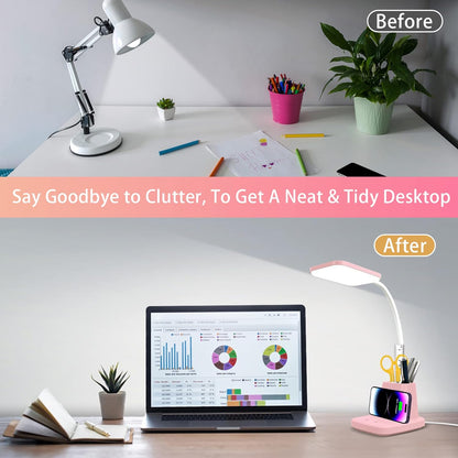 Pink Desk Lamp, Small Desk Lamp with Pen Holder, Wireless Charger LED Desk Lamps for Home Office, Kids Desk Lamps 800LM Flexible Arm 3 Modes Dimmable Touch, Study Lamps for College Dorm Room