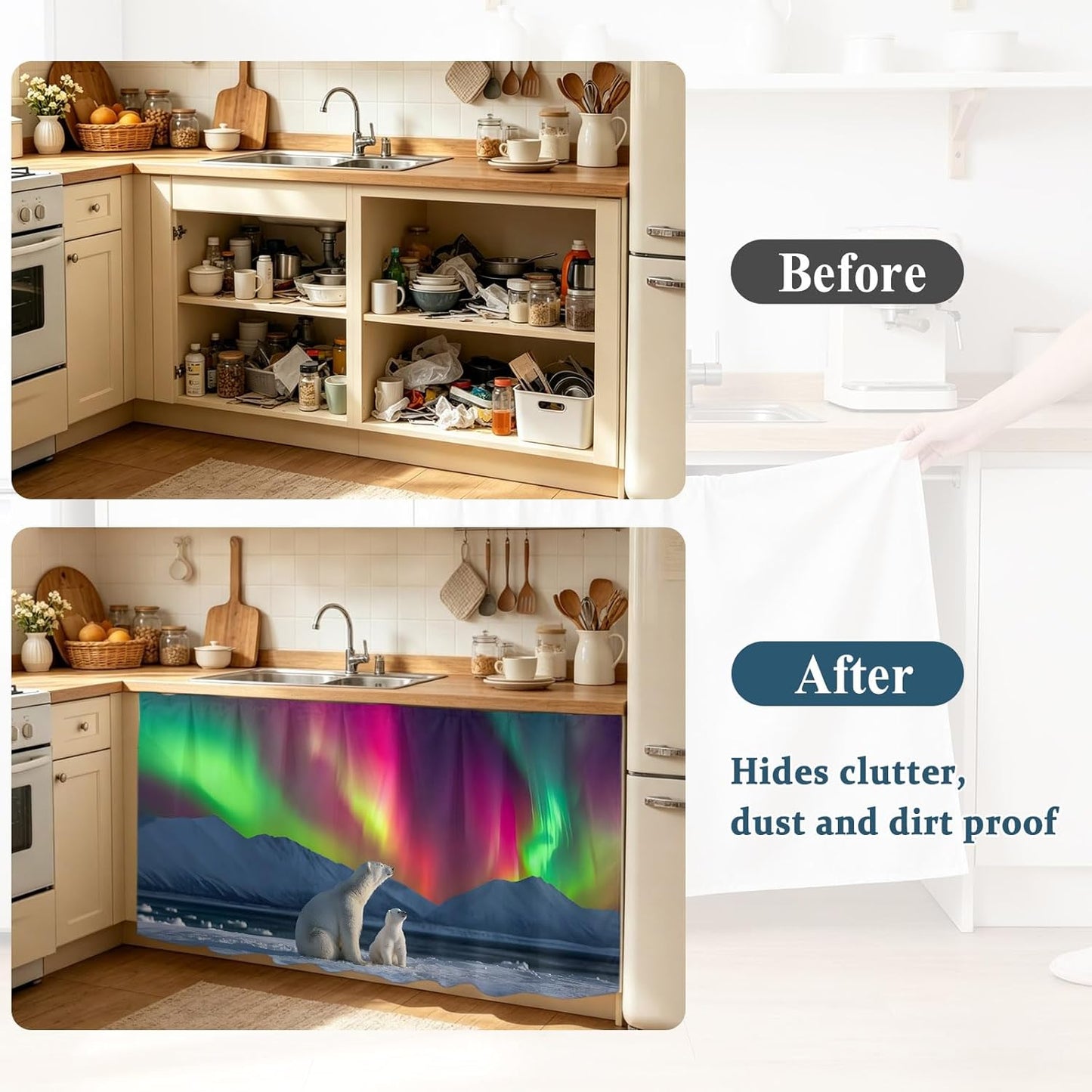 Bear Small Sink Skirt, Bathroom Vanity Cabinet Adhesive Curtain, Nature Pink Yellow Lights Night Sky Snowy Animals Utility Under Sink Cover Decorative Kitchen Cabinet Curtains 10"x11"